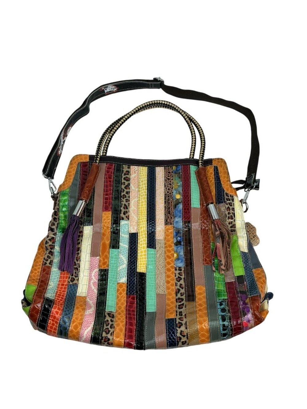 New Snake and Croc Embossed Colorful Patchwork Shoulder Bag XL With Tassel Accen